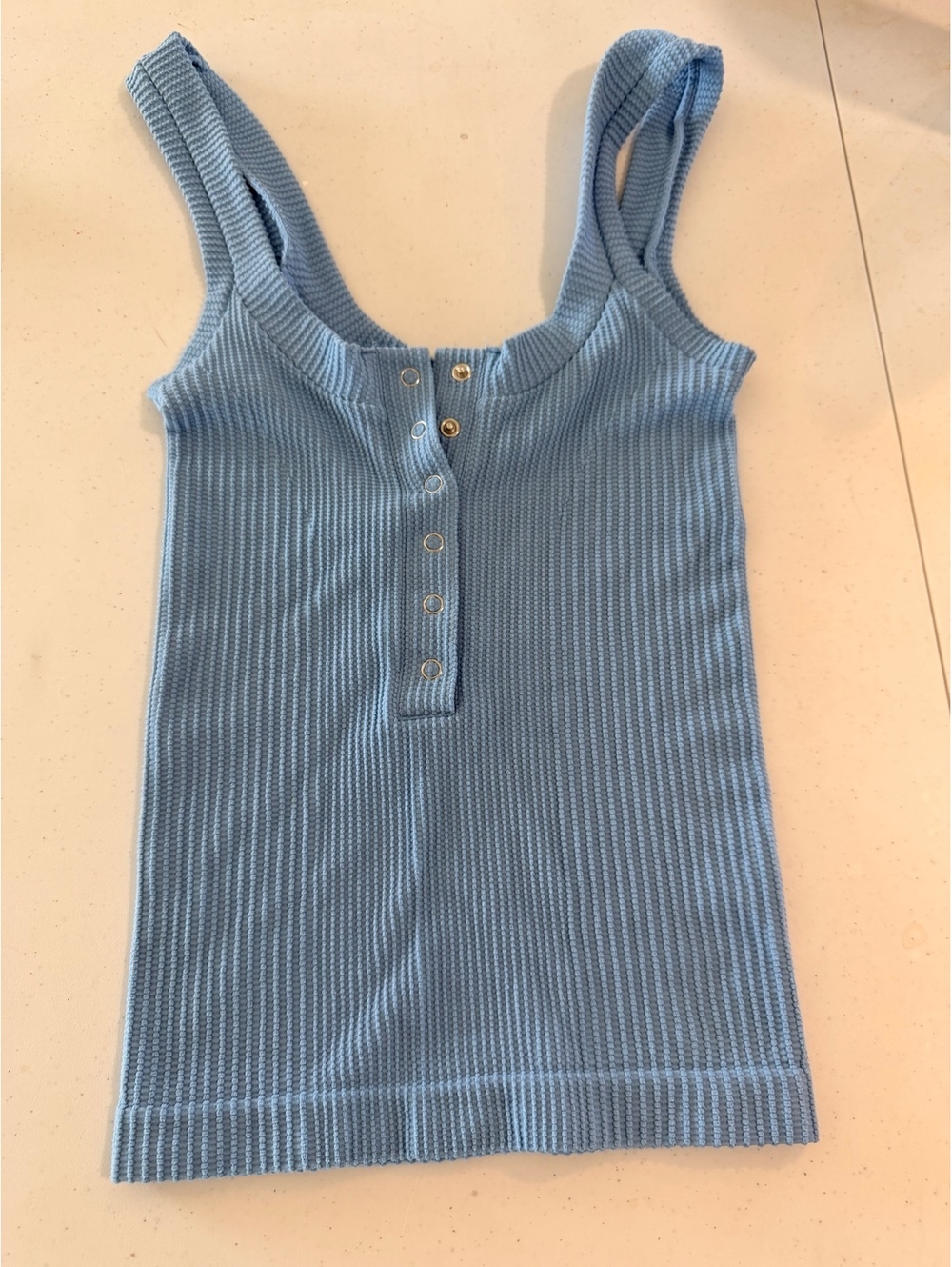 Free People Waffle Knit Henley Tank Blue Ribbed Stretch Cami M/L